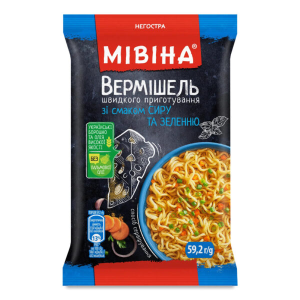 Вермішель «Мівіна» зі смаком сиру і зеленню негостра, 59,2г