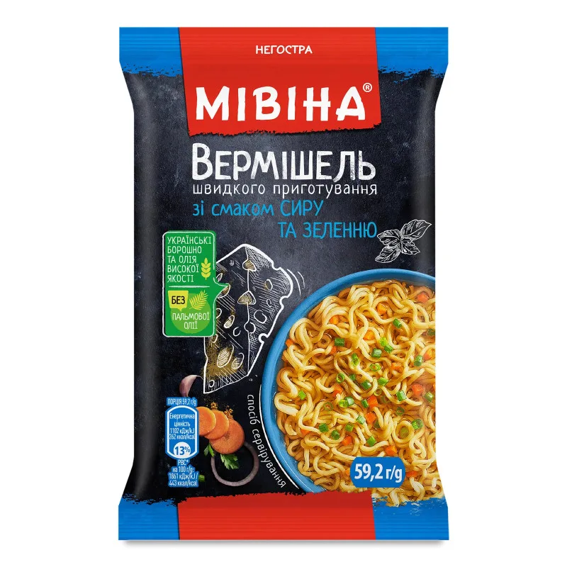 Вермішель «Мівіна» зі смаком сиру та зелені, негостра, 59,2 г
