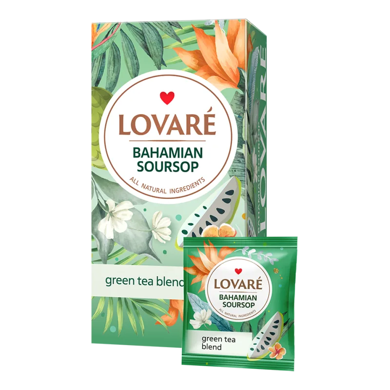 Чай зелений байховий дрібний Lovare Bahamian Soursop з фруктами, пелюстками квітів та ароматом саусепу, 24 × 1,5 г